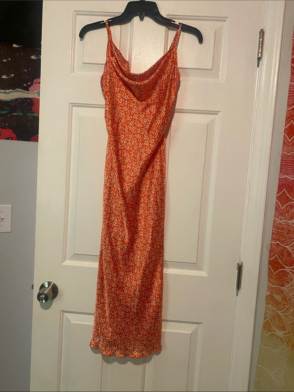 bebe Orange Floral Cowl Slip Midi Dress with White Blooms
